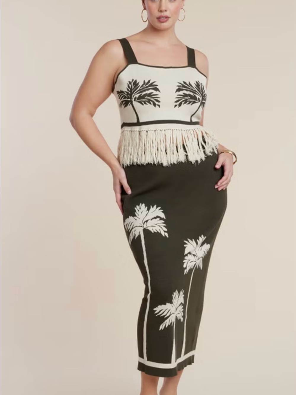 Eloquii Olive Green and Cream Palm Print Fringe Midi Skirt Set